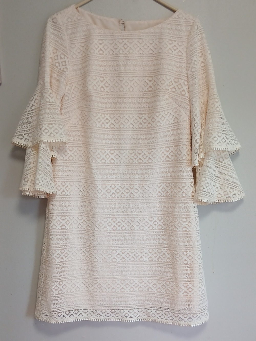 Eliza J Cream Lace Shift Dress with Tiered Bell Sleeves